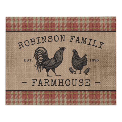 Family Name Farmhouse Rooster Hen Red Plaid Burlap Faux Canvas Print