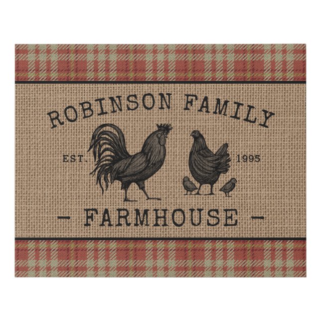 Family Name Farmhouse Rooster Hen Red Plaid Burlap Faux Canvas Print (Front)