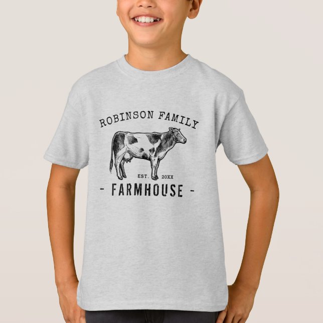 Family Name Farmhouse Rustic Dairy Milk Cow T-Shirt (Front)