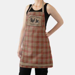 Family Name Farmhouse Vintage Red Plaid Burlap Apron