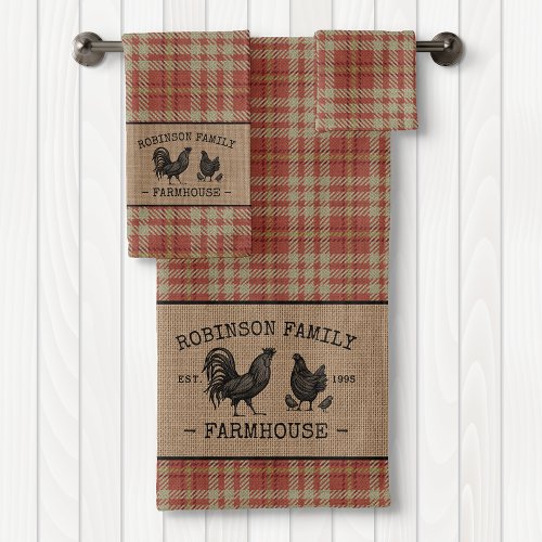 Family Name Farmhouse Vintage Red Plaid Burlap Bath Towel Set