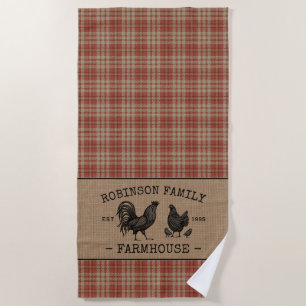 Family Name Farmhouse Vintage Red Plaid Burlap Beach Towel