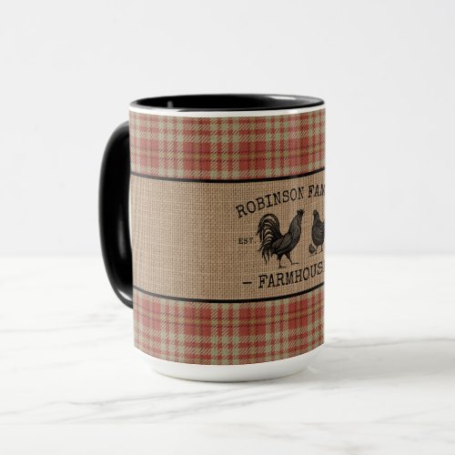 Family Name Farmhouse Vintage Red Plaid Burlap Big Mug