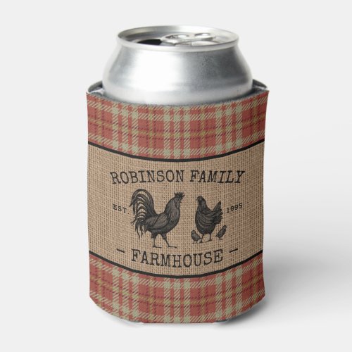 Family Name Farmhouse Vintage Red Plaid Burlap Can Cooler