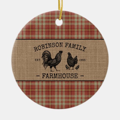 Family Name Farmhouse Vintage Red Plaid Burlap Ceramic Ornament