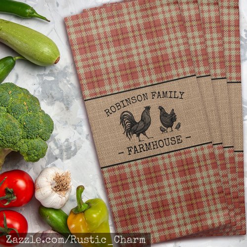 Family Name Farmhouse Vintage Red Plaid Burlap Cloth Napkin