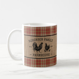 Family Name Farmhouse Vintage Red Plaid Burlap Coffee Mug