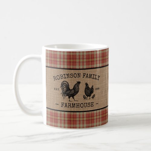 Family Name Farmhouse Vintage Red Plaid Burlap Coffee Mug