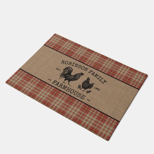 Family Name Farmhouse Vintage Red Plaid Burlap Doormat