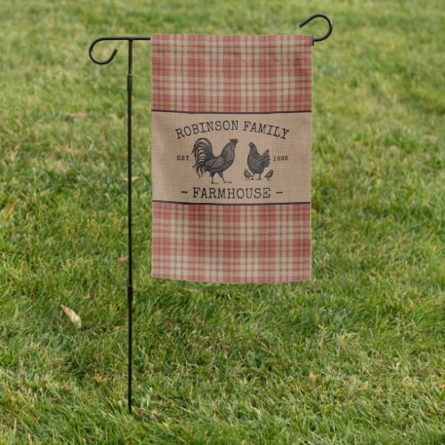 Family Name Farmhouse Vintage Red Plaid Burlap Garden Flag