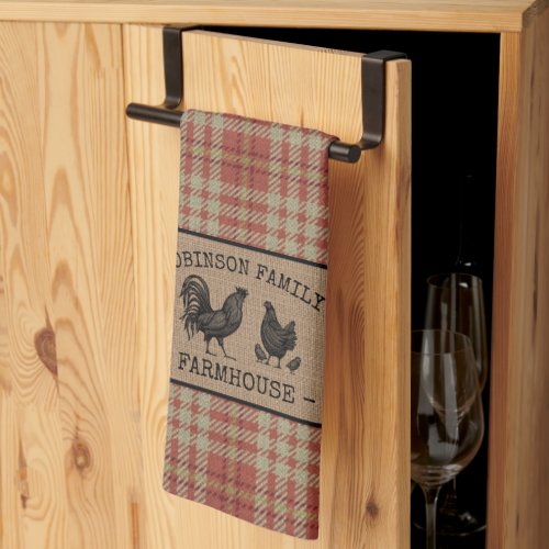 Family Name Farmhouse Vintage Red Plaid Burlap Kitchen Towel