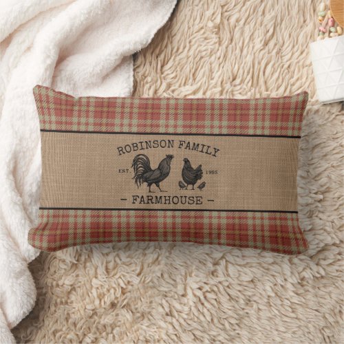 Family Name Farmhouse Vintage Red Plaid Burlap Lumbar Pillow