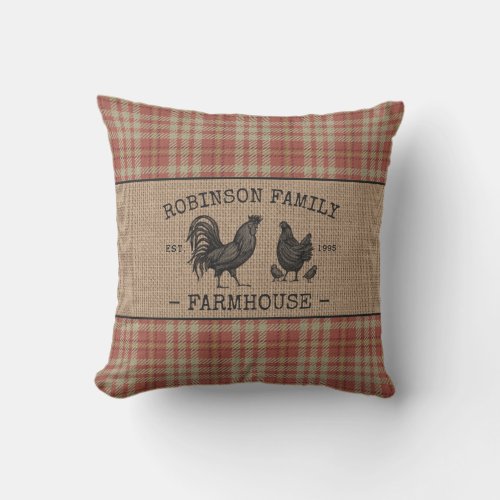 Family Name Farmhouse Vintage Red Plaid Burlap Outdoor Pillow