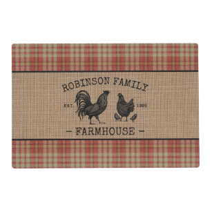 Family Name Farmhouse Vintage Red Plaid Burlap Placemat