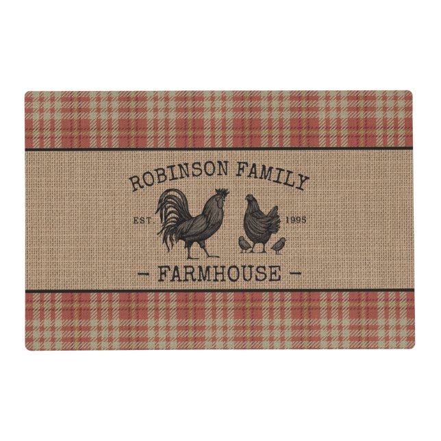 Family Name Farmhouse Vintage Red Plaid Burlap Placemat (Front)