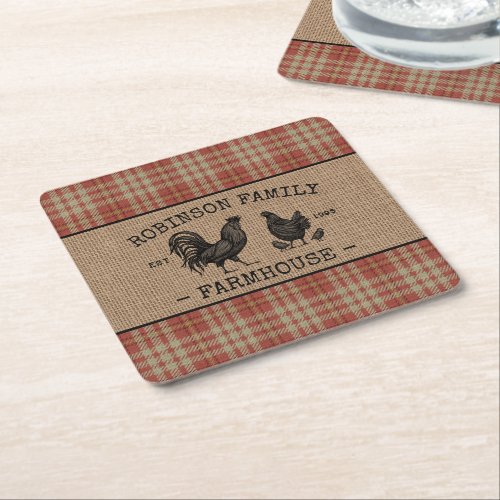 Family Name Farmhouse Vintage Red Plaid Burlap Square Paper Coaster