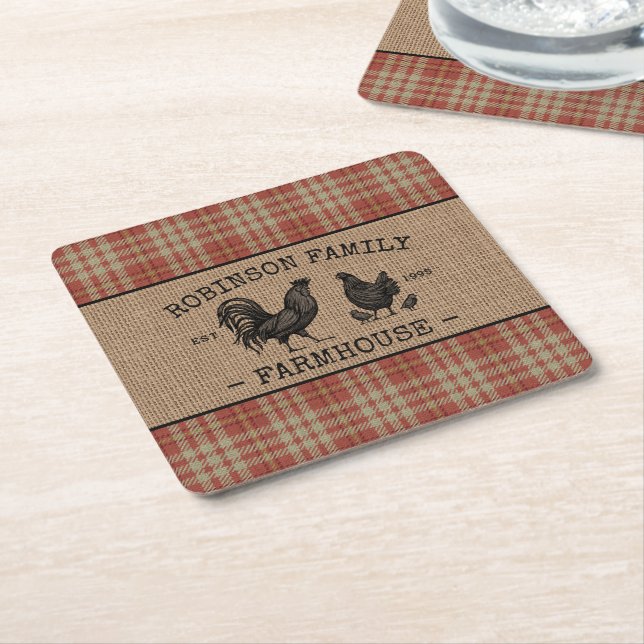 Family Name Farmhouse Vintage Red Plaid Burlap Square Paper Coaster (Angled)