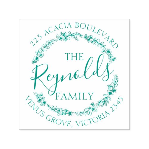 Family name floral wreath return address stamper self_inking stamp