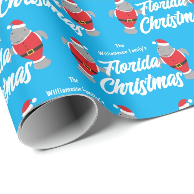 Family Name Florida Manatee Christmas Wrapping Paper (Roll Corner)