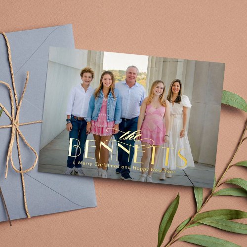 Family Name FOIL Modern Elegant Holiday Photo Card