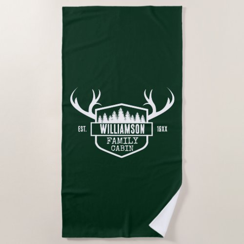 Family Name Forest Cabin Green Beach Towel