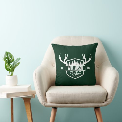Family Name Forest Cabin Green Throw Pillow