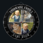 Family Name Four Photo Game Room Dart Board<br><div class="desc">Colored background with custom name and four photo option in the center of the board. Other colors available in the shop.</div>