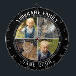 Family Name Four Photo Game Room Dart Board<br><div class="desc">Colored background with custom name and four photo option in the center of the board. Other colors available in the shop.</div>