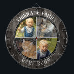 Family Name Four Photo Game Room Dart Board<br><div class="desc">Colored background with custom name and four photo option in the center of the board. Other colors available in the shop. Faux wood texture.</div>