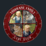 Family Name Four Photo Game Room Dart Board<br><div class="desc">Colored background with custom name and four photo option in the center of the board. Other colors available in the shop.</div>