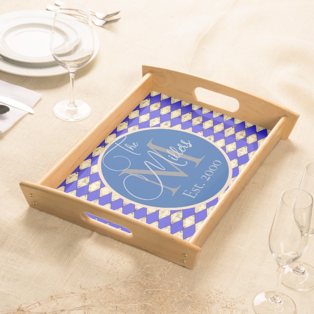 Family Name Gold  Blue Harlequin Monogram Serving Tray (Front)
