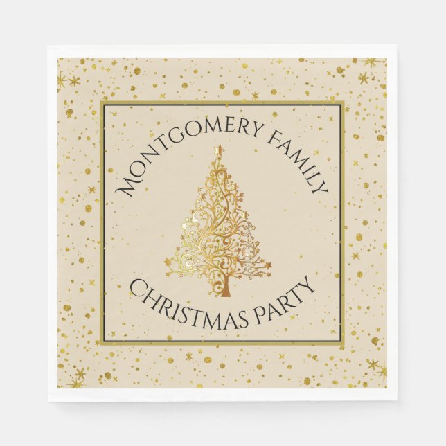 Family Name, Gold Christmas Tree, Party Napkins (Front)