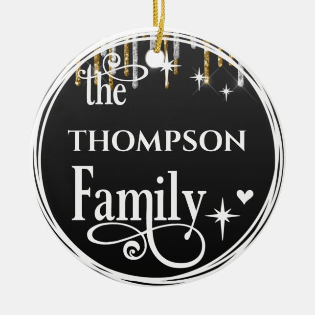 Family Name Gold Glitter Drips Black Christmas  Ceramic Ornament (Front)