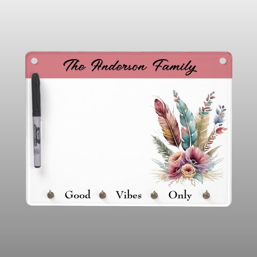 Family name good vibes only pink floral dry erase board with keychain holder