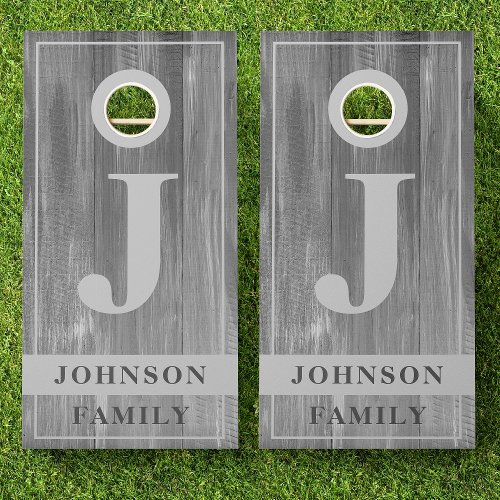 Family Name Gray Rustic Country Wood Monogram Cornhole Set