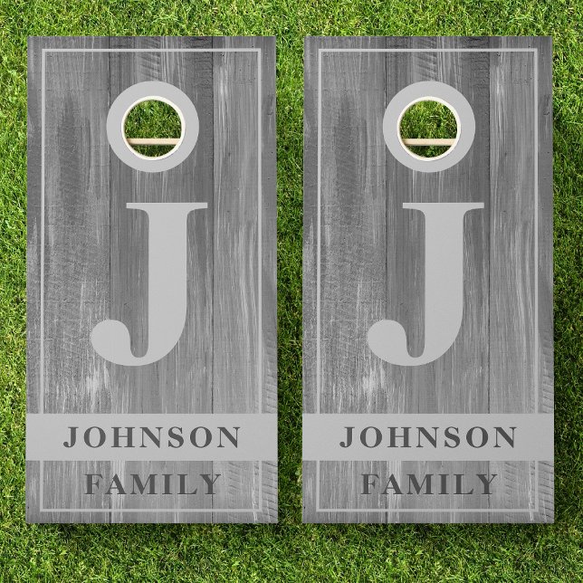 Family Name Gray Rustic Country Wood Monogram Cornhole Set (Creator Uploaded)