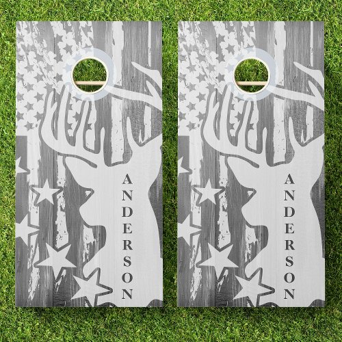 Family Name Gray Wood Deer Buck American Flag Cornhole Set