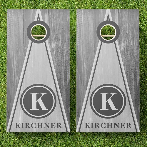 Family Name Gray Wood Triangle Stripes Monogram Cornhole Set