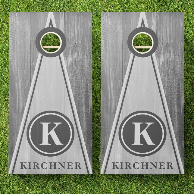 Family Name Gray Wood Triangle Stripes Monogram Cornhole Set (Creator Uploaded)