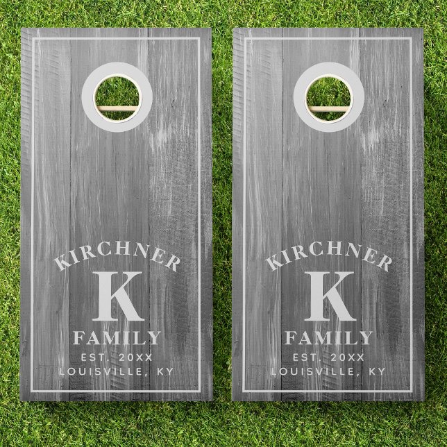 Family Name Gray Wood Year Established Monogram Cornhole Set (Creator Uploaded)