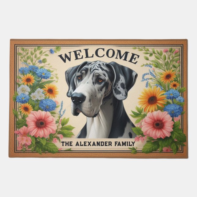 Family Name Great Dane Dog with Flowers Welcome Doormat (Front)