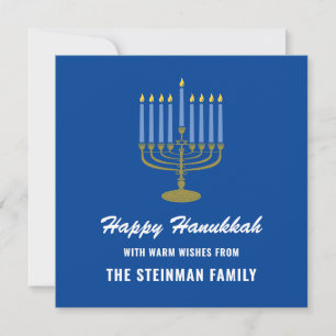 Family Name Happy Hanukkah Menorah White Blue Gold Holiday Card