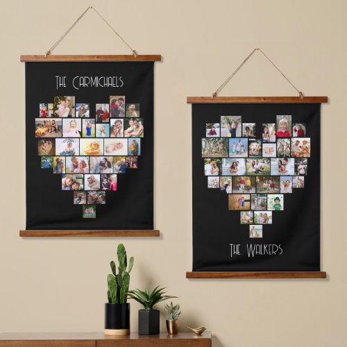 Family Name Heart Shape Photo Collage 58 Pic Black Hanging Tapestry