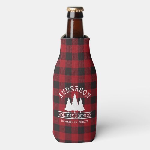 Family Name Holiday Reunion Pines Red Plaid Bottle Cooler