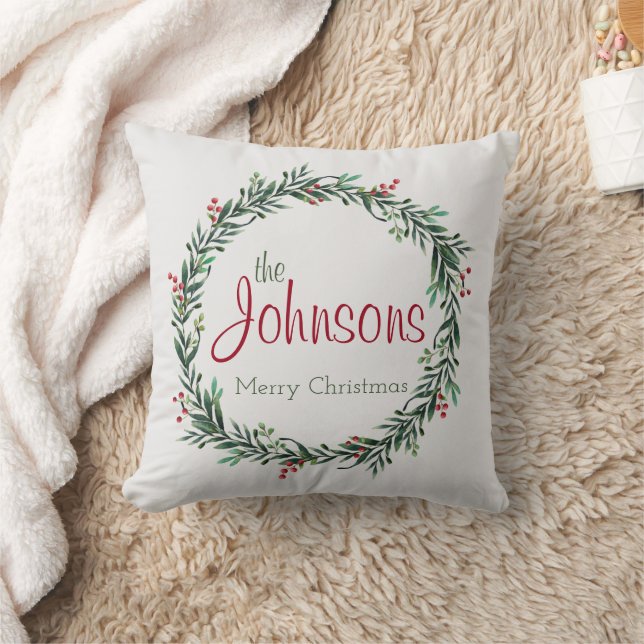 Family Name Holly Wreath Merry Christmas Throw Pillow (Blanket)