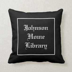 Family name home library black & white throw pillow