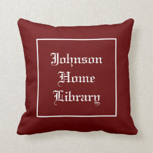 Family name home library dark red throw pillow