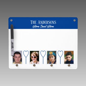 Family Name Home Sweet Home 4 Photos White Blue Dry Erase Board With Keychain Holder by LynnroseDesigns at Zazzle