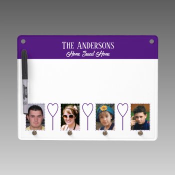 Family Name Home Sweet Home 4 Photos White Purple Dry Erase Board With Keychain Holder by LynnroseDesigns at Zazzle