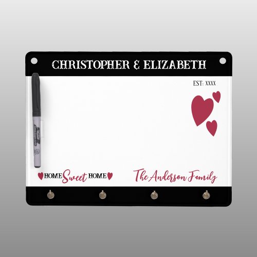 Family name home sweet home hearts cherry pink dry erase board with keychain holder
